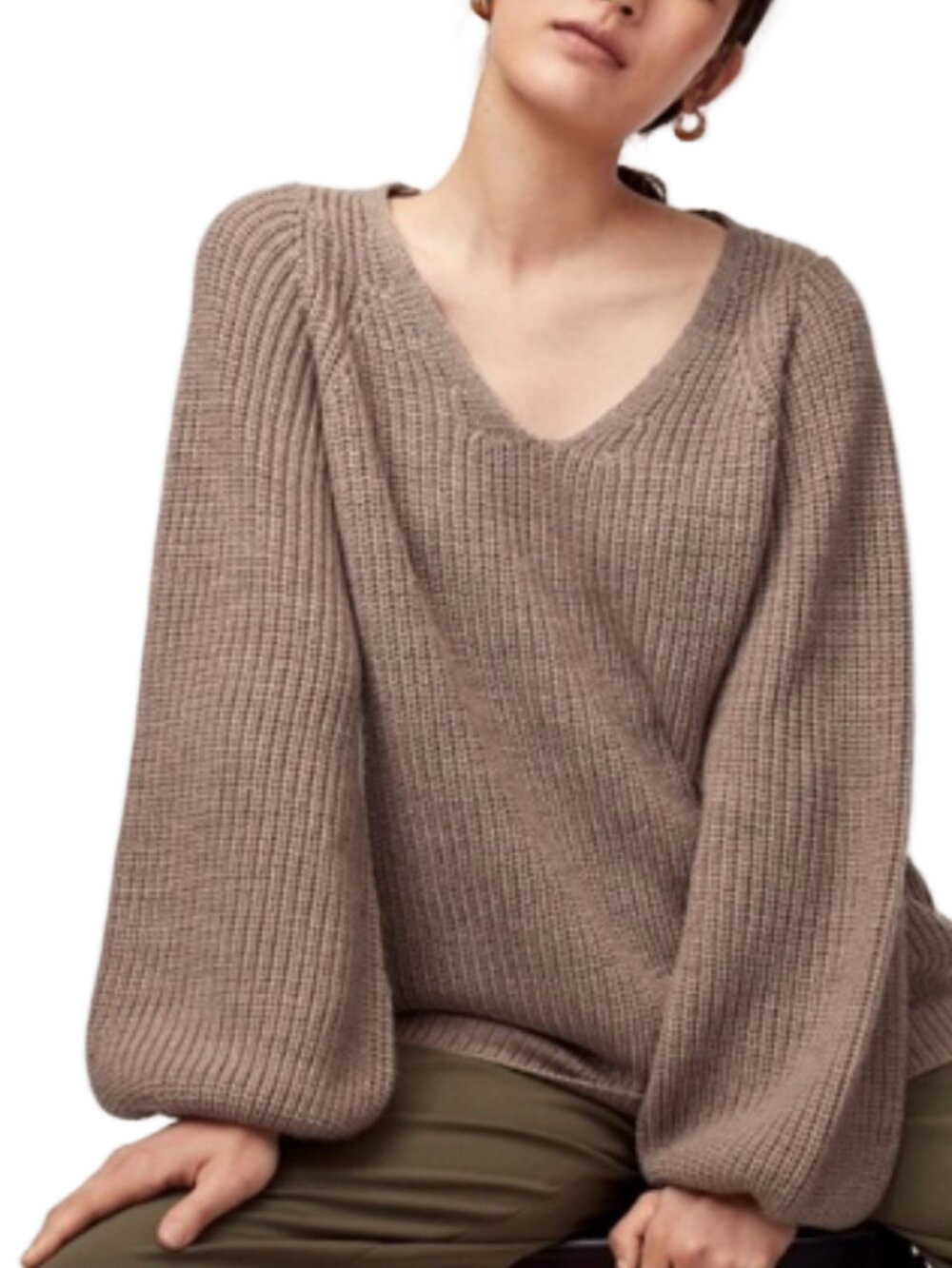 Aritzia Babaton Valadon Sweater XS Taupe 100% Merino Wool Balloon Sleeve Knit